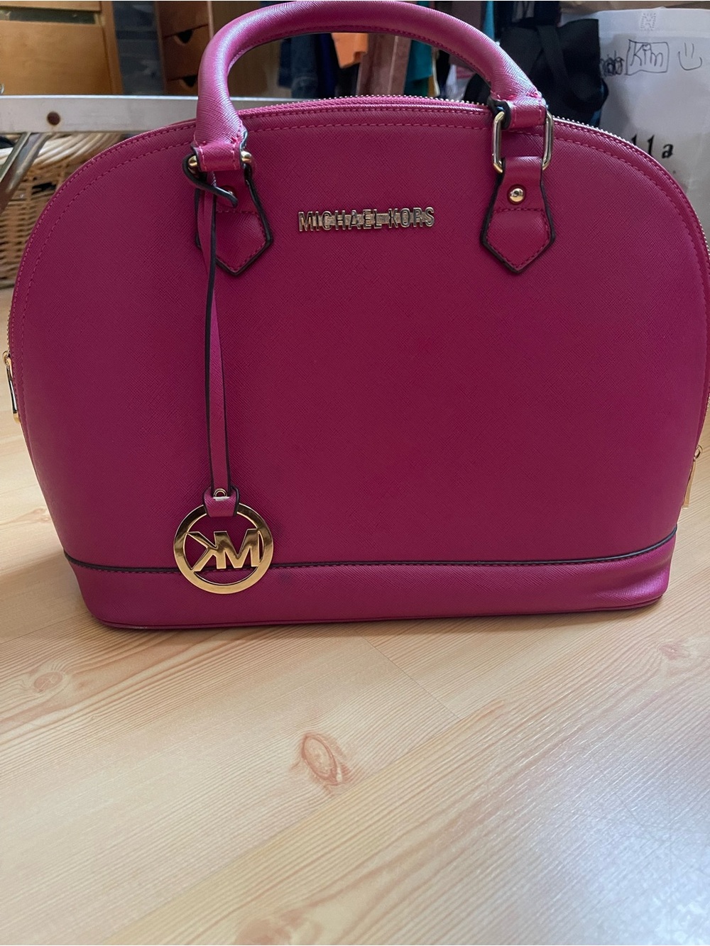 Rare! Michael Kors Fuchsia Dome Satchel W/
Burberry Styling & Gold Hardware